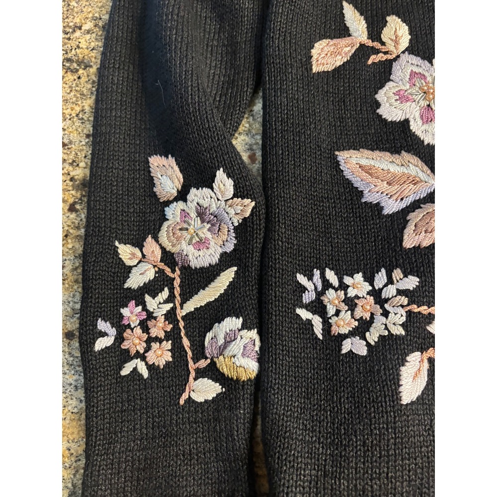 Vintage Worthington Floral Embroidered Knit Sweater Cottagecore Black Size M - Picture 3 of 8